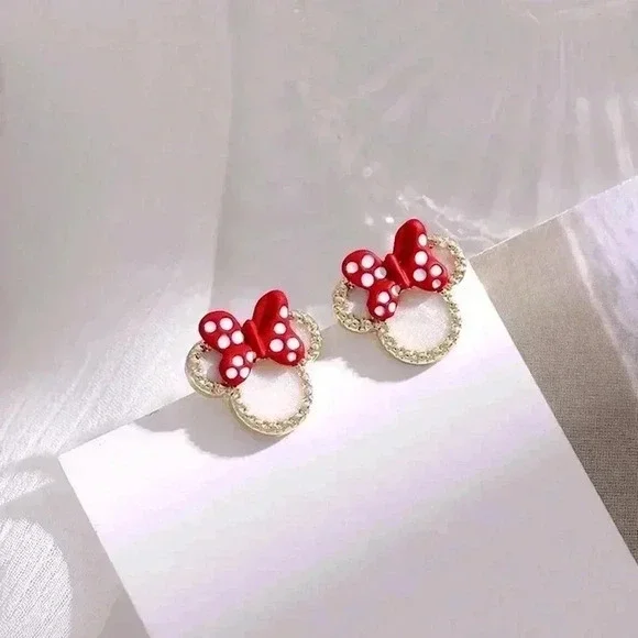 Minnie Mouse Disney World Gold Diamond Polka Dot Red Cute Mini Stud Earrings - Picture 6 of 6